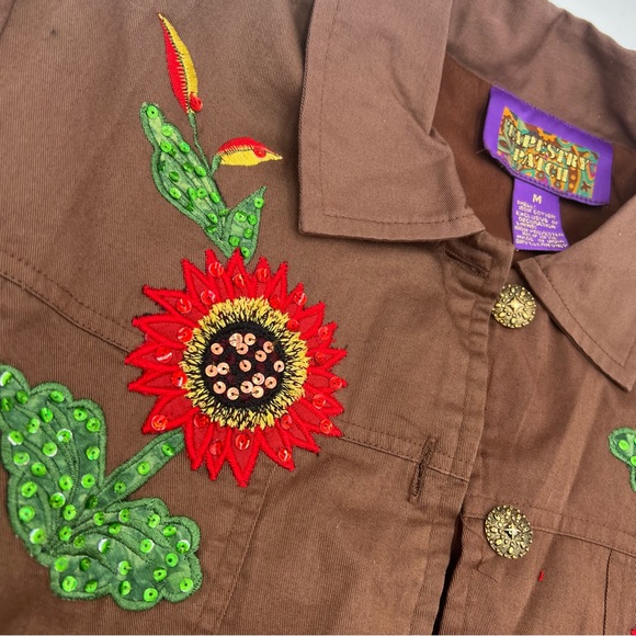 VTG 90s Tapestry Patch Brown Sequin Embroidered Sunflower Shirt Jacket Shacket - Picture 2 of 4